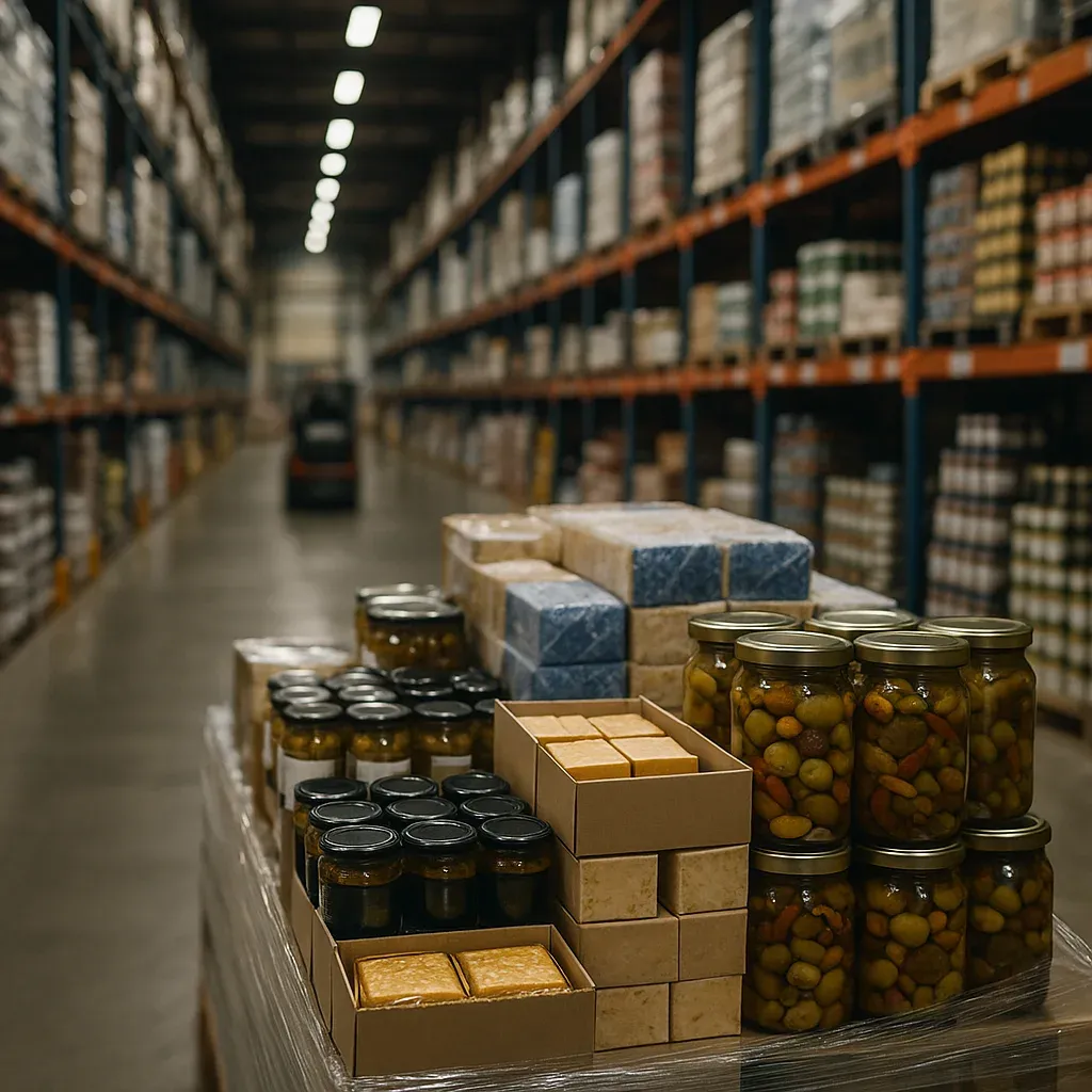 Feinkostgläser und Kartons auf Paletten in einem Lager